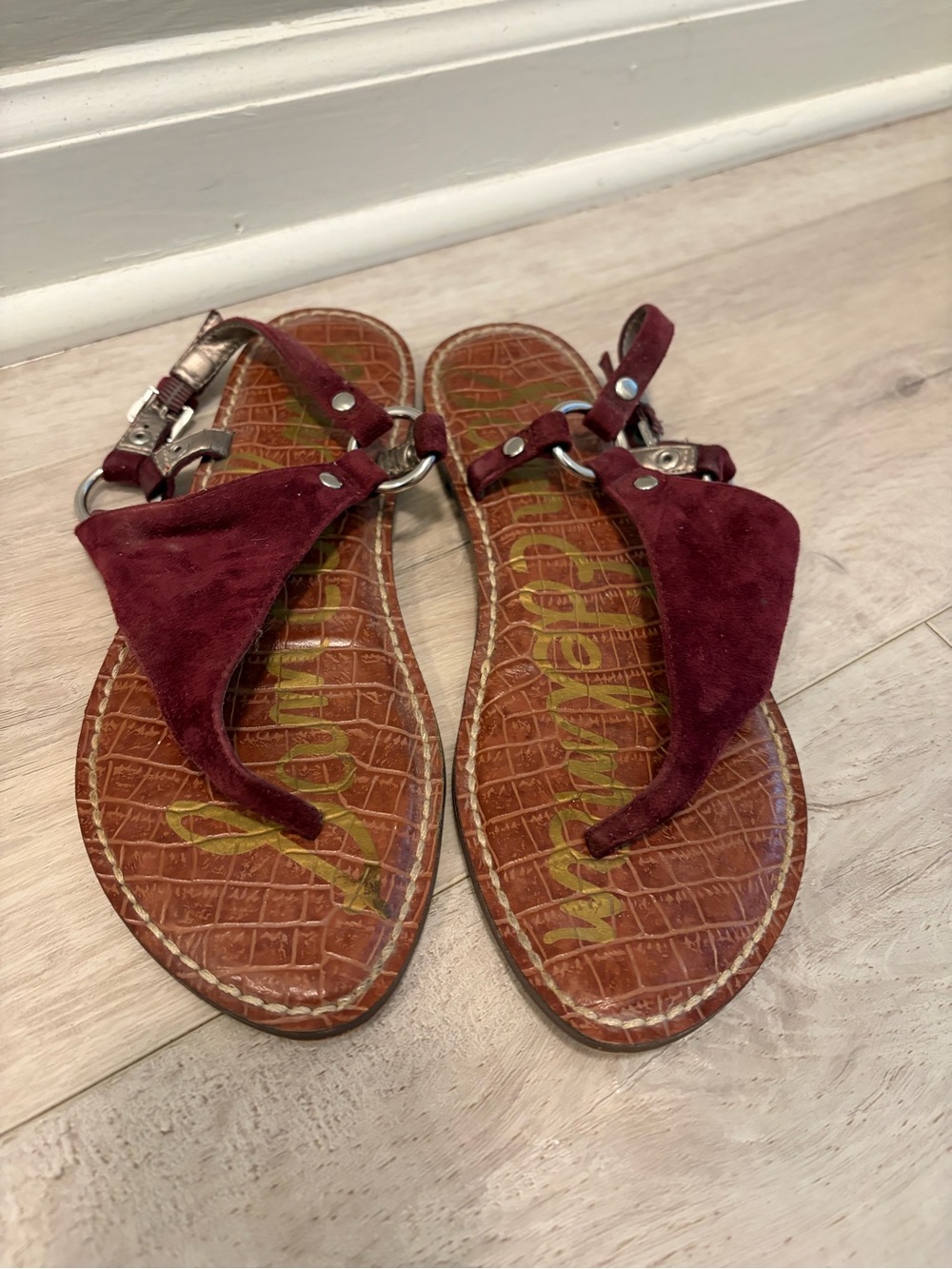 Sam Edelman Burgundy Suede T-Strap Sandals